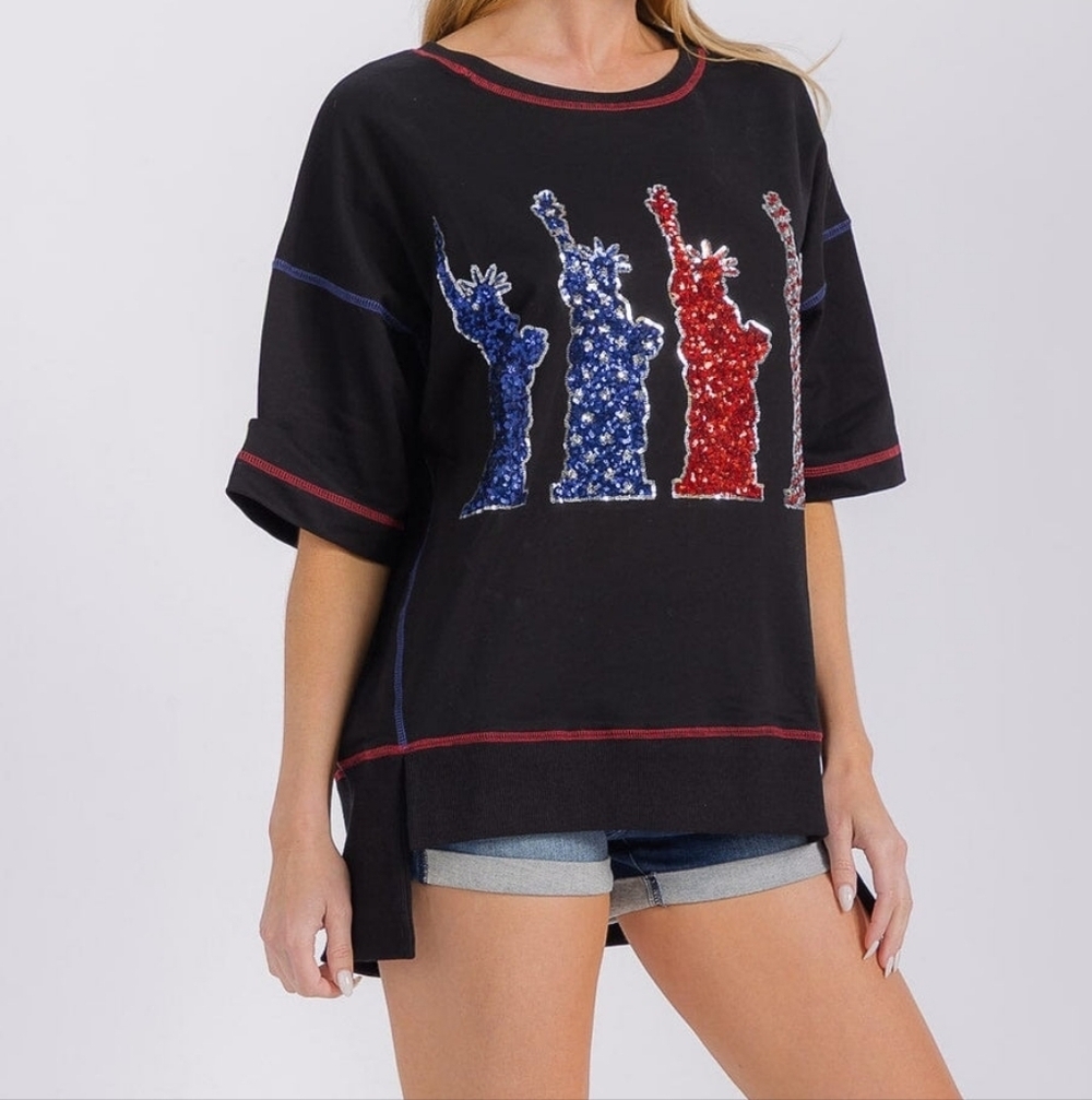 Fantastic Fawn Black Short Sleeve High-Low Top Shirt Oversized Patriotic